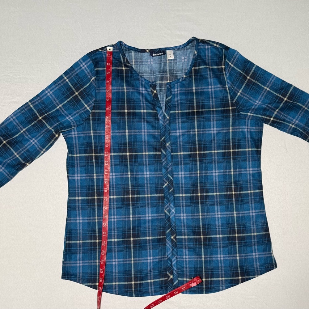 Basic Editions Blue Plaid Tunic 3/4 Sleeve V-Neck Faux Button Front - Size XL - Picture 4 of 8